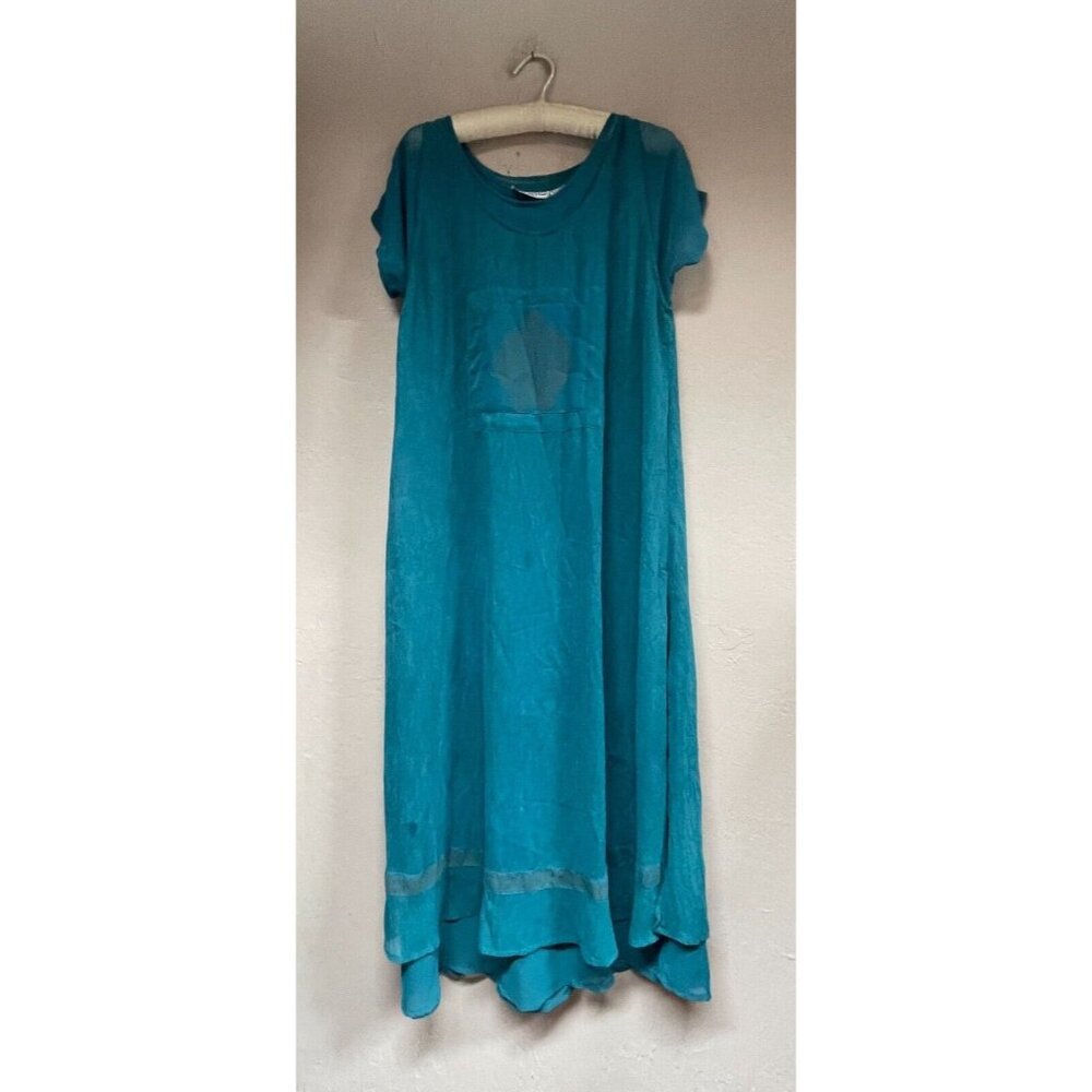 Kloz Lyne Scoop Neck Short Sleeve Layered Midi Dress Teal Size Small Pullover